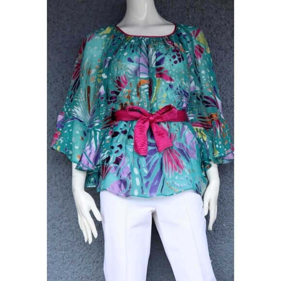 Catherine Malandrino Women's Size 4 Green Pink Blouse Floral Belted Silk Shirt - Picture 6 of 6